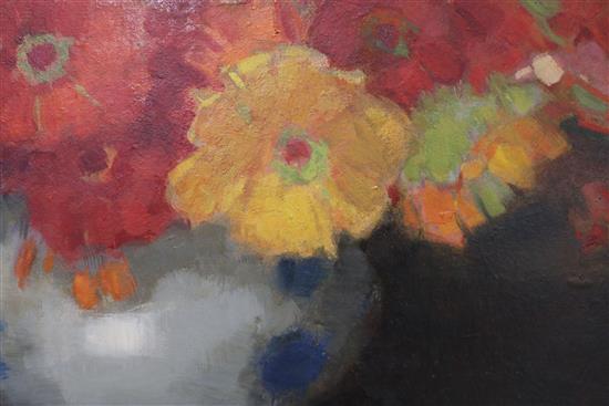 Polish School, oil on board, still life of flowers on a mantelpiece, indistinctly signed, 33 x 78cm